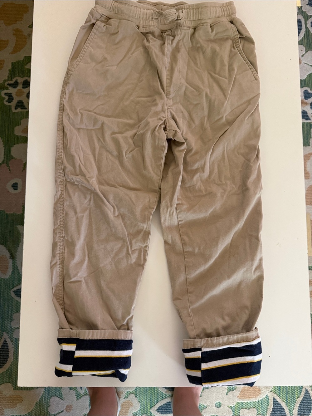 Beige Casual Drawstring Pants with Striped Soft Lining
